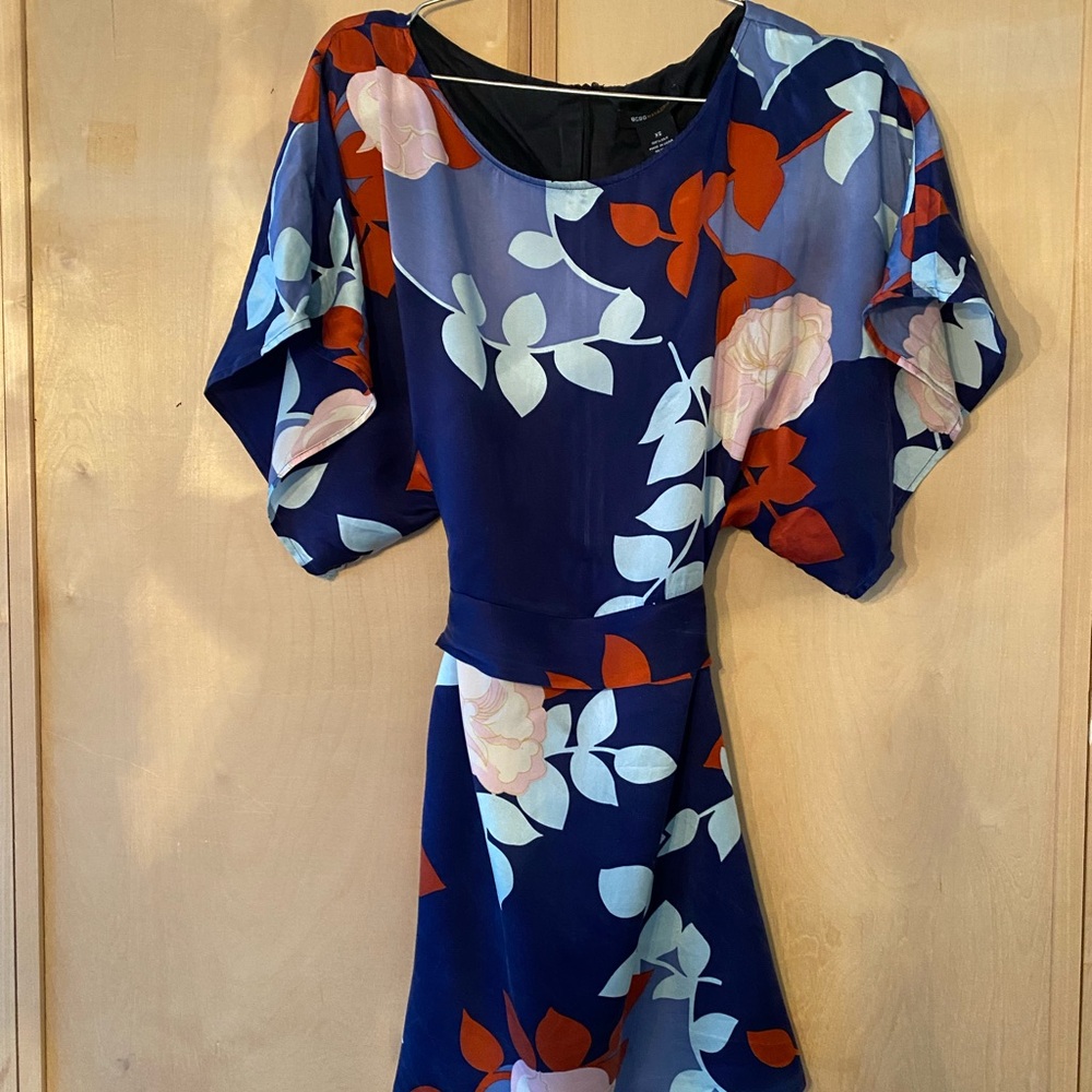 Floral Patterned Dress with Blue and Red Accents